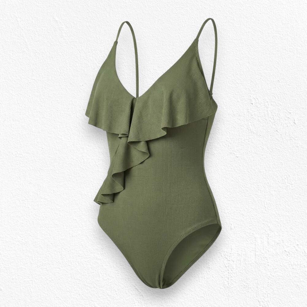 Cupshe Olive Green Ribbed Ruffle Plunge V-Neck One Piece Swimsuit Size Small